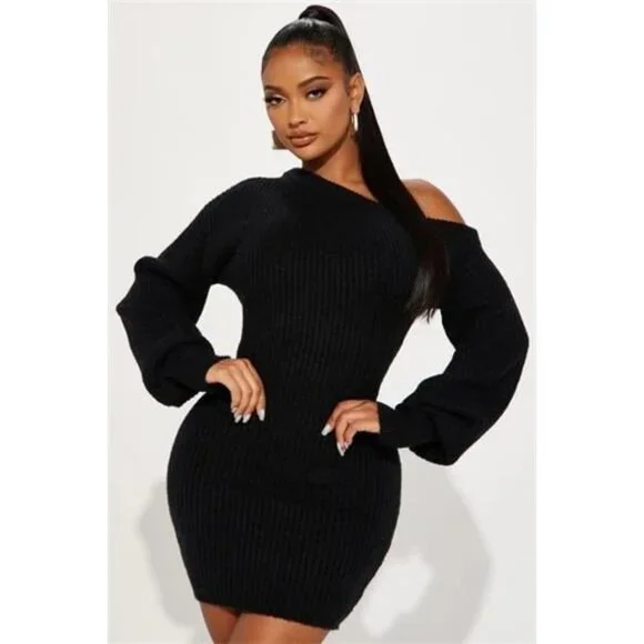 Dresses | Black Off Shoulder Puff Long Sleeve Sweater Knit Mini Dress For  Women | Poshmark